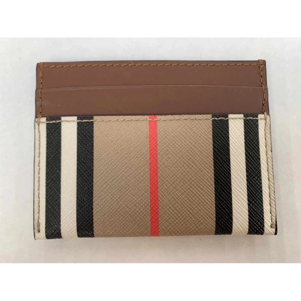 Burberry Taupe Brown Icon Stripe Leather Check  Card Holder